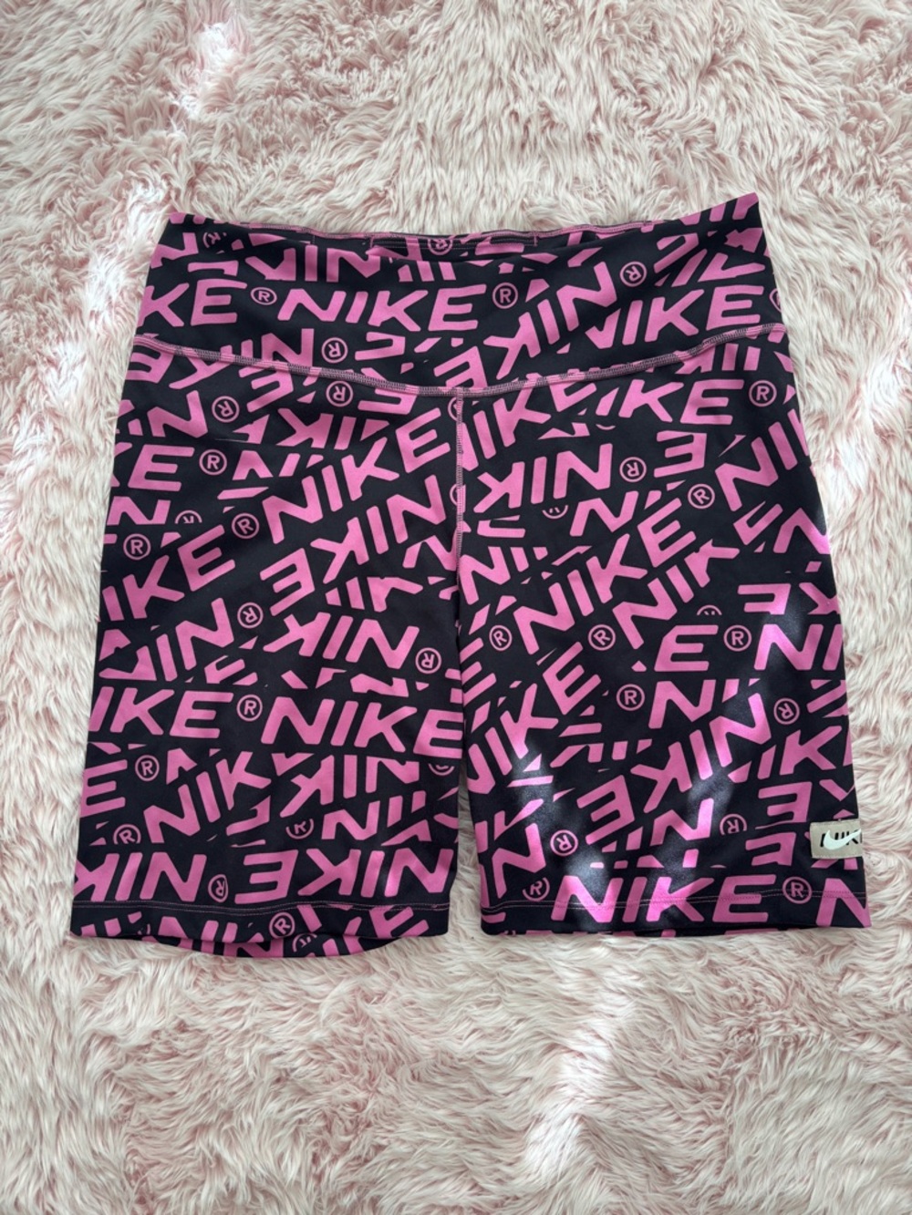 Nike Black Bike Shorts with All-Over Pink Logo Print